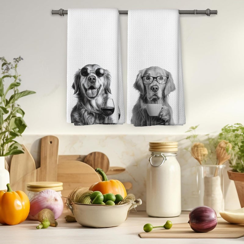 Mcehtle Funny Golden Retriever Kitchen Towels Set of 2, Funny Dog Kitchen Accessories, Coffee Station Wine Bar Decor, Dog Chef Gift Hand Towel, Dining Room Decorative Tea Towel Dish Towels 16x24 Inch - Image 4